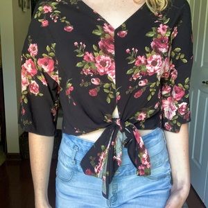 Black and pink floral front tie crop top